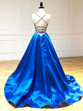 Royal Blue Satin A Line V Neck Long Formal Prom Dresses
